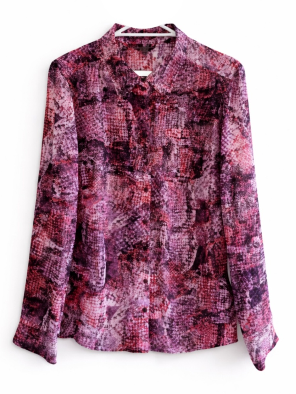 GUESS Pink & Black Snakeskin Sheer Button-Up Blouse – Size XL EUC